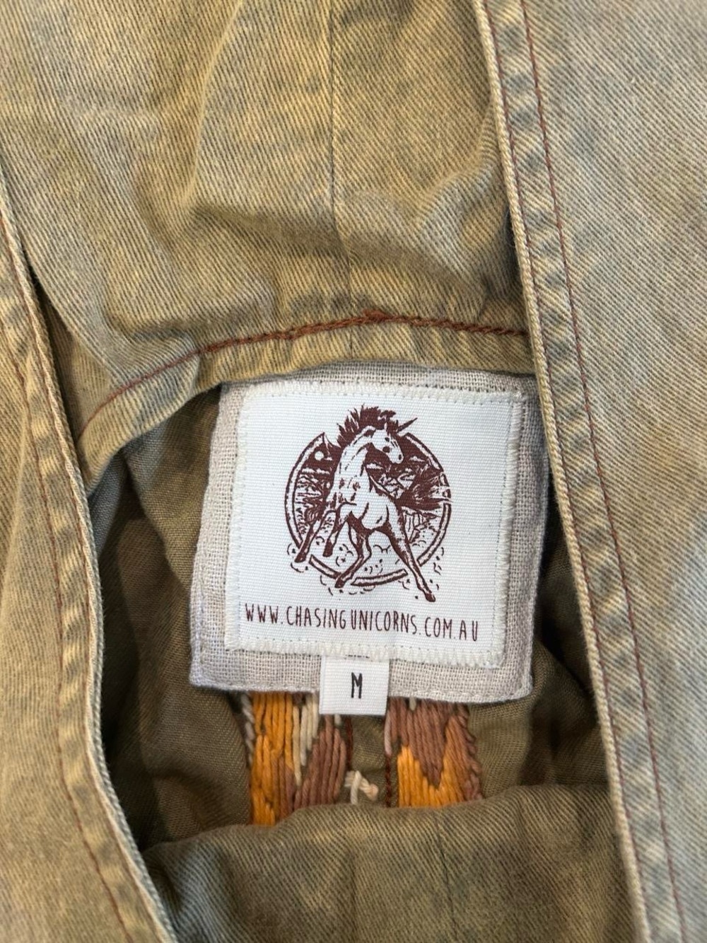 Chasing Unicorns Olive Green Denim Romper with Embroidered Waist Detail - Picture 7 of 8